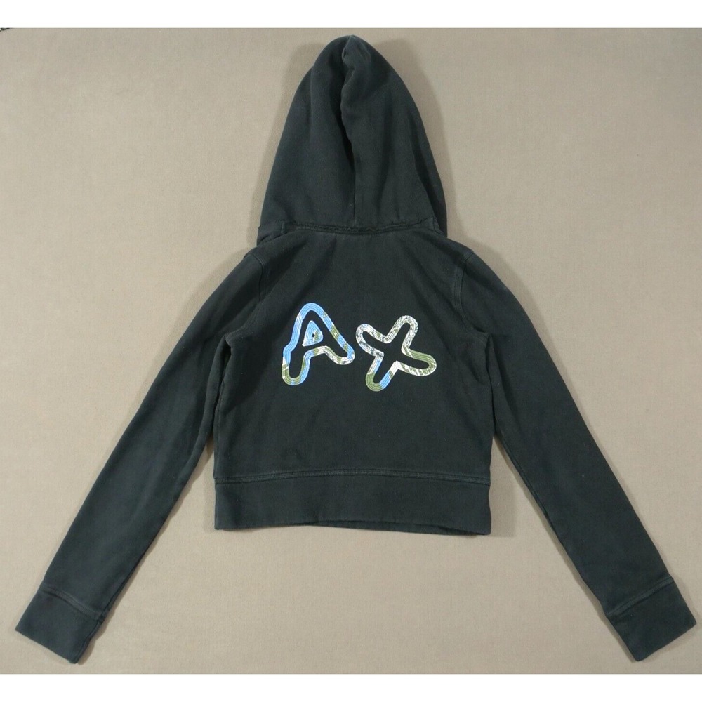 Armani Exchange Hoodie Womens Small Black Crop Pullover V Neck Long Sleeve Logo